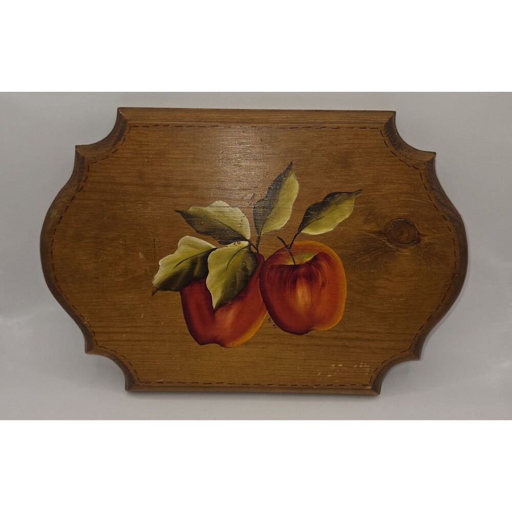 VTG Apple Wood Wall Hanging Decor Hand Painted Folk Cottagecore Grandmacore 9x13